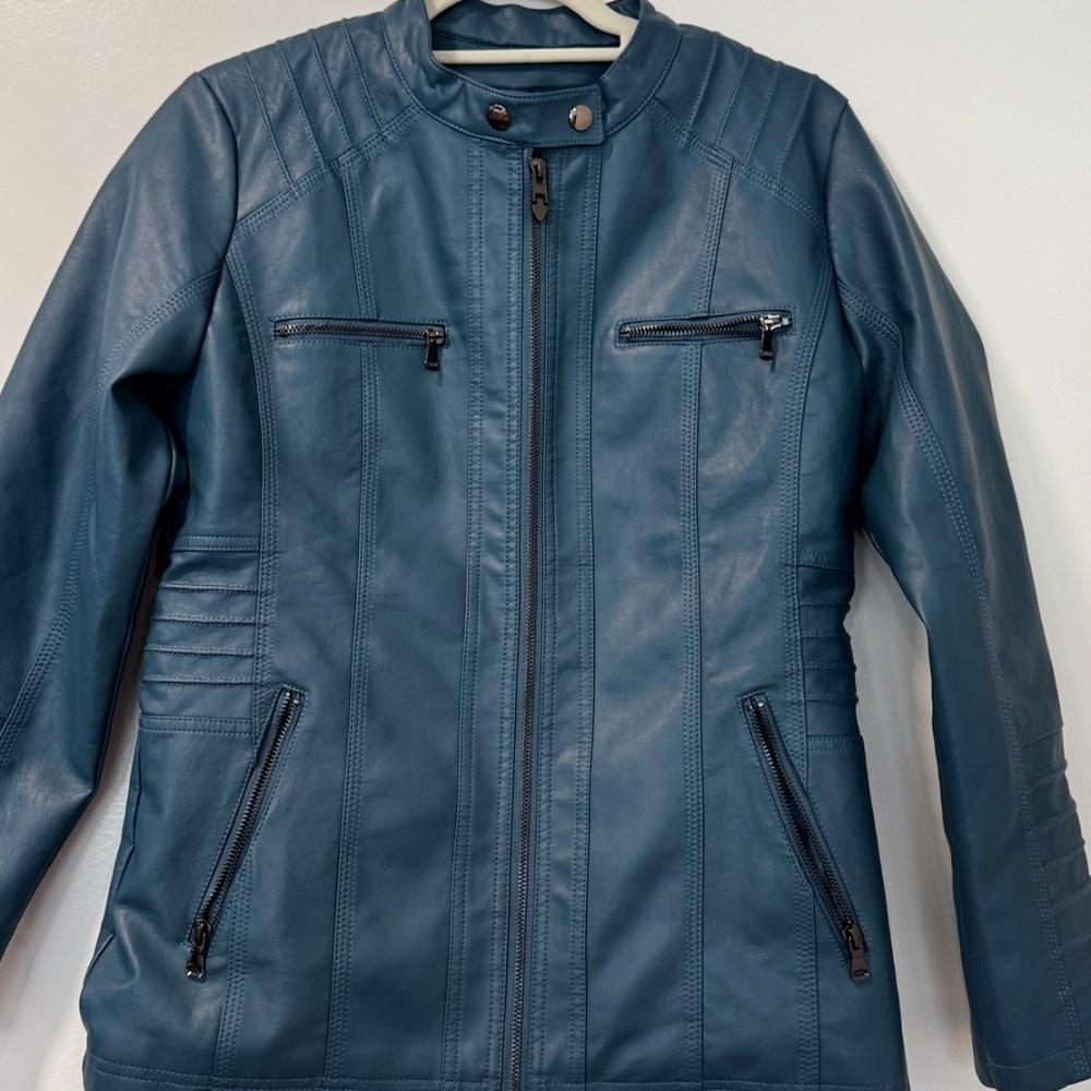 Women's Blue Leather Biker Jacket